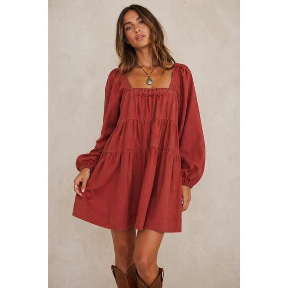Free People Lou Jean Tiered Puff Sleeve Mini Dress Rust Orange Small